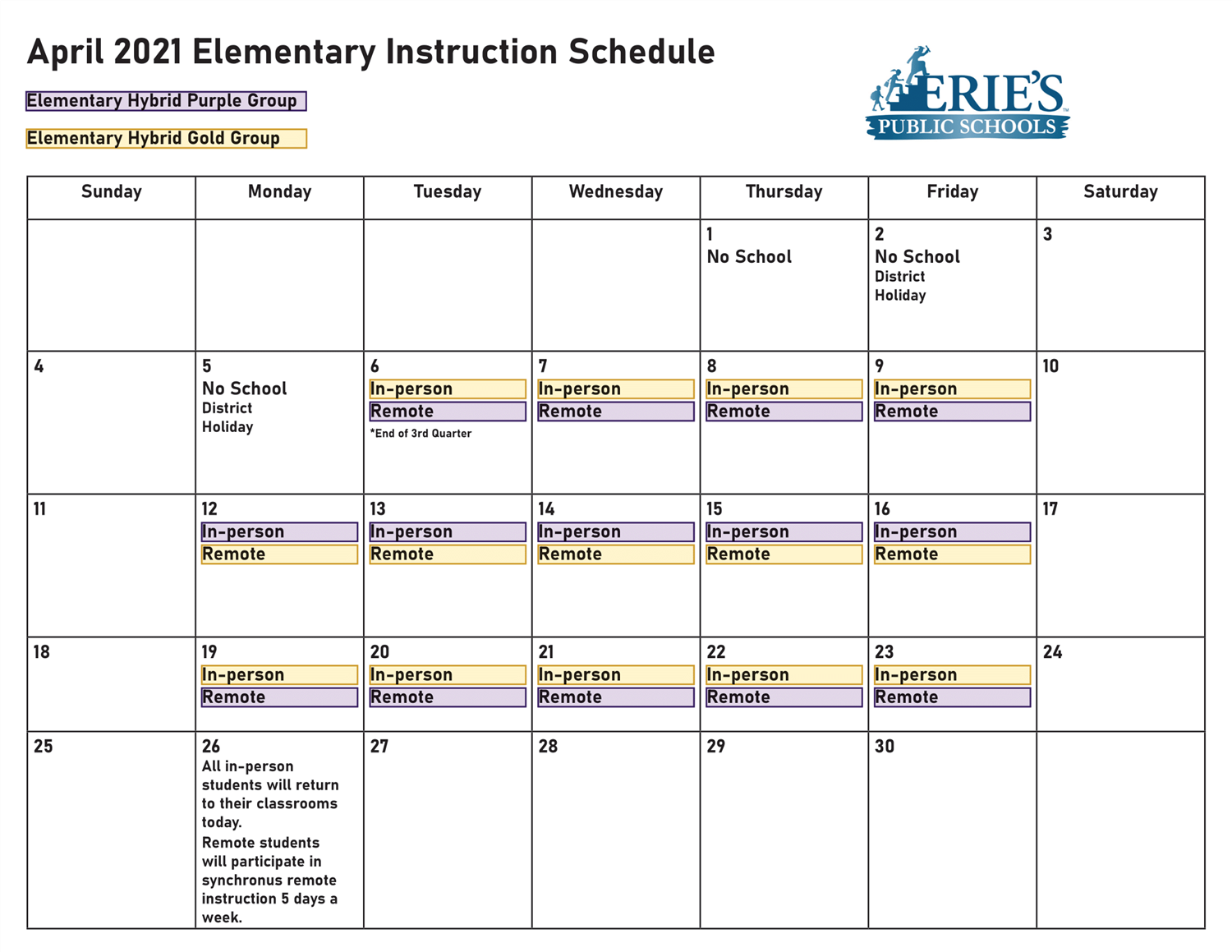 Return to In-Person Instruction Elementary Schedule 